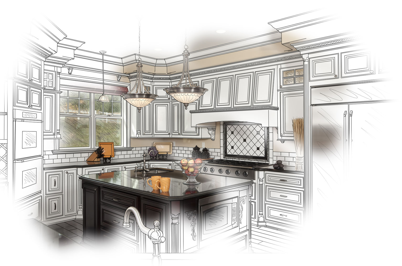36674331 - beautiful custom kitchen design drawing and photo combination.